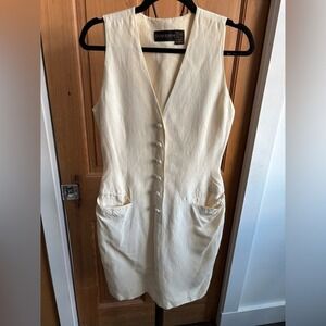 Vintage Donna Karan Cream linen/silk partial button-front knee length dress